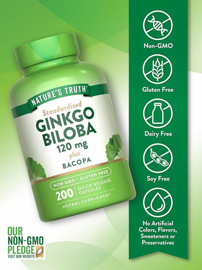 Nature's Truth Ginkgo Biloba 120mg | Plus Bacopa | 200 Quick Release Capsules | Standardized Extract | Non-GMO and Gluten Free Supplement