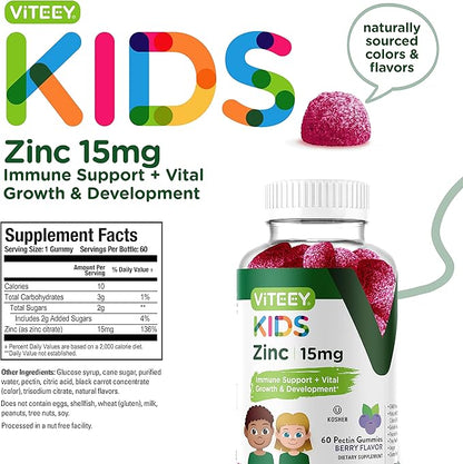 Zinc for Kids Gummies, 15mg - Immune Support - Powerful Natural Antioxidant, Kids Zinc Vitamin Supplement - Vegan, Gelatin Free, Gluten Free - Tasty Chewable Berry Flavor Gummy
