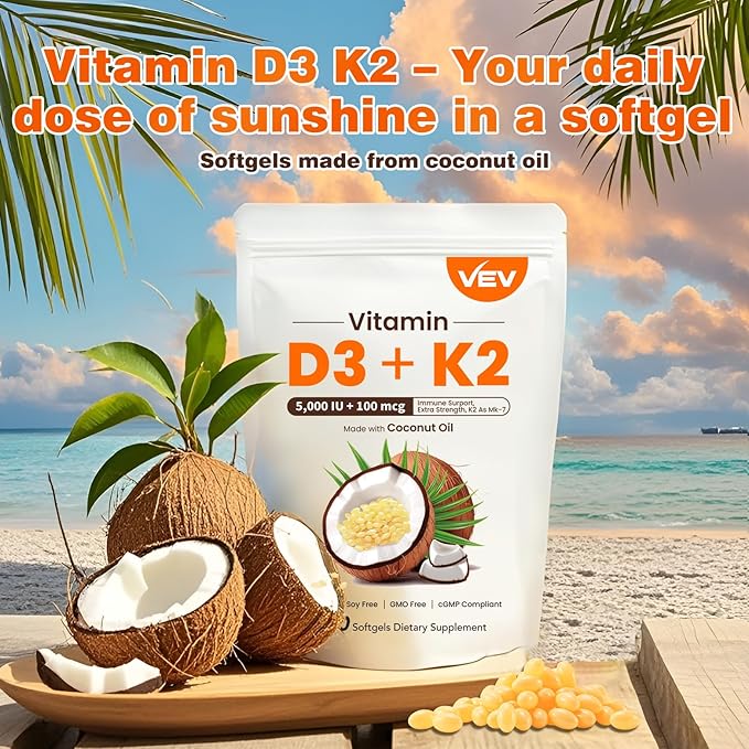 VEV Vitamin D3 K2, 5000 IU D3 100mcg K2 (MK 7), 300 Softgels, 2-in-1 Vitamin D & K Supplement with Coconut Oil, Supports Calcium Absorption and Bone Health, Easy to Swallow (Packaging May Vary)