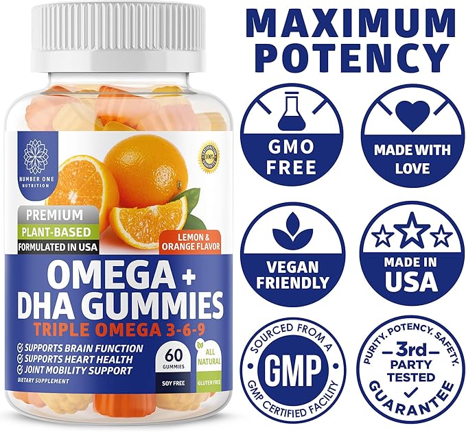 N1N Premium Omega 3 6 9 + DHA Gummies [Vegan, Plant Based] Natural Brain, Immunity and Joint Health Support with Vitamin C, 60 Gummies