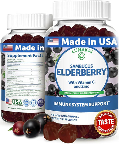 Lunakai USA Made Black Sambucus Elderberry Gummies for Adults & Kids with Vitamin C & Zinc - Immune Support, Antioxidants, Non-GMO, 60 Gummies