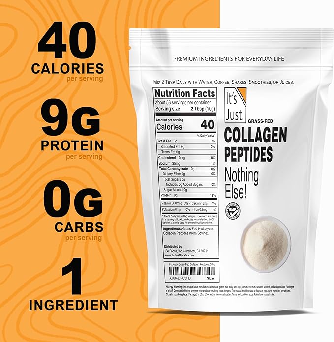 It's Just! - Collagen Protein Powder, 1.25lbs, Type I & III, Pure Hydrolyzed Grass-Fed Collagen Peptides, Dissolves Quickly, Unflavored, 20oz