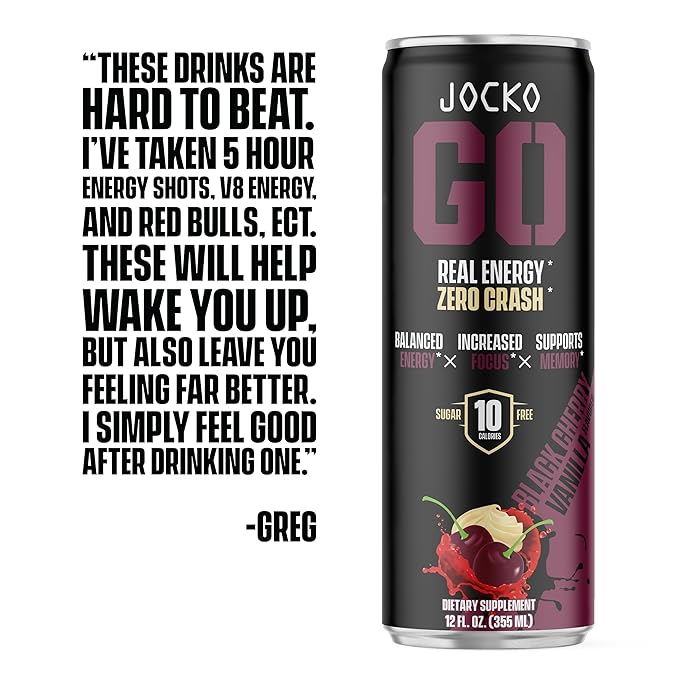 Jocko GO Energy Drink - KETO, Vitamin B12, Vitamin B6, Electrolytes, L Theanine, Magnesium- Energy Boost, Sugar Free Nootropic Monk Fruit Blend - 12 Pack (Black Cherry Vanilla)