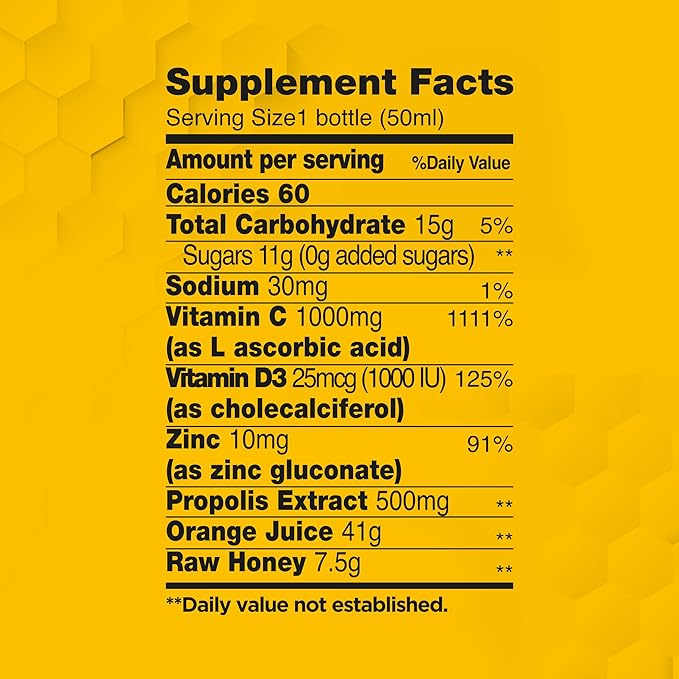 BEE and You Immune Support 100% Natural Propolis Shot Supplement, Antioxidants, Vitamin C, VIT D3, Zinc, Orange Juice, Raw Honey, 1.69 fl. oz x 12 Bottles