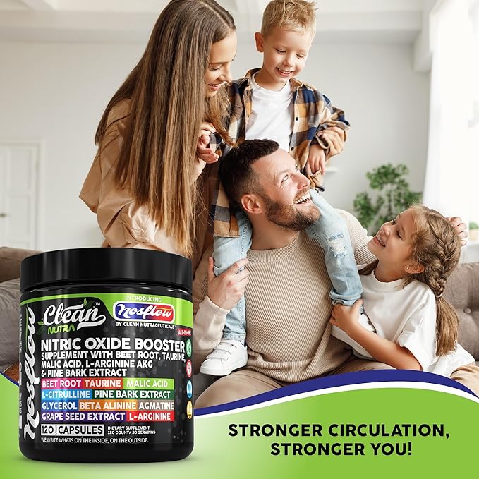 NosFlow Nitric Oxide Supplements for Men | Beet Root Taurine L-Arginine Malic Acid L-Arginine L-Citrulline Pine Bark Glycerol Agmatine Grape Seed Vitamin C Vitamin B12 Vitamin B3 by Clean Nutra