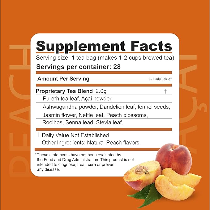 Dr. Zisman ZT Slimming - Peach and Acai Herbal Tea Blend with Ashwagandha, Rooibos and Acai - 28 Day Wellness Blend (28 Tea Bags)