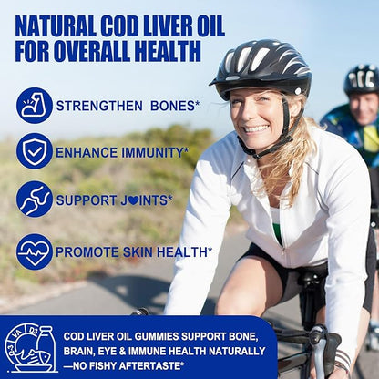 (Made in USA) Cod Liver Oil 1000mg Gummies for Adults & Kids, with Vitamin A & D3 - Omega 3 Fish Oil Alternative - DHA 360mg & EPA 240mg for Brain, Bone, Eye & Immune Health, Sugar Free, 120 Cts