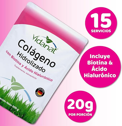 Vidanat Pure Hydrolyzed Collagen with Biotin & Hyaluronic Acid – Supports Skin, Hair, Nails & Joint Health – High-Absorption Protein Powder – 300g (Pack of 1) – 15 Servings per Bag