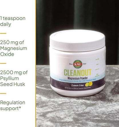 KAL Cleanout Magnesium Plus Psyllium Husk Powder - Lemon Lime - Magnesium Oxide with Fiber Supplement - Regulation Support Drink Mix - No Sugar - 60-Day Guarantee, 40 Servings, 8.5 OZ