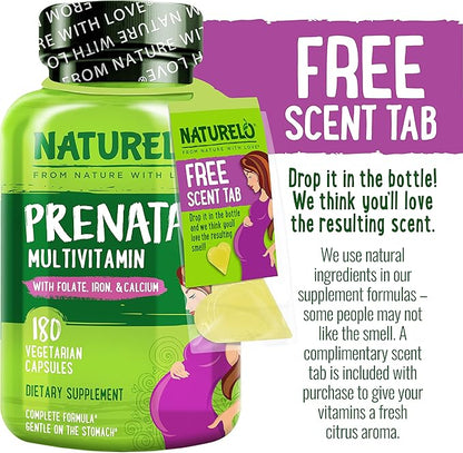 NATURELO Prenatal Multivitamin with Gentle Chelated Iron, Methyl Folate, Plant Calcium & Choline - Vegan, Vegetarian - Non-GMO - Gluten Free - 180 Capsules - 2 Month Supply