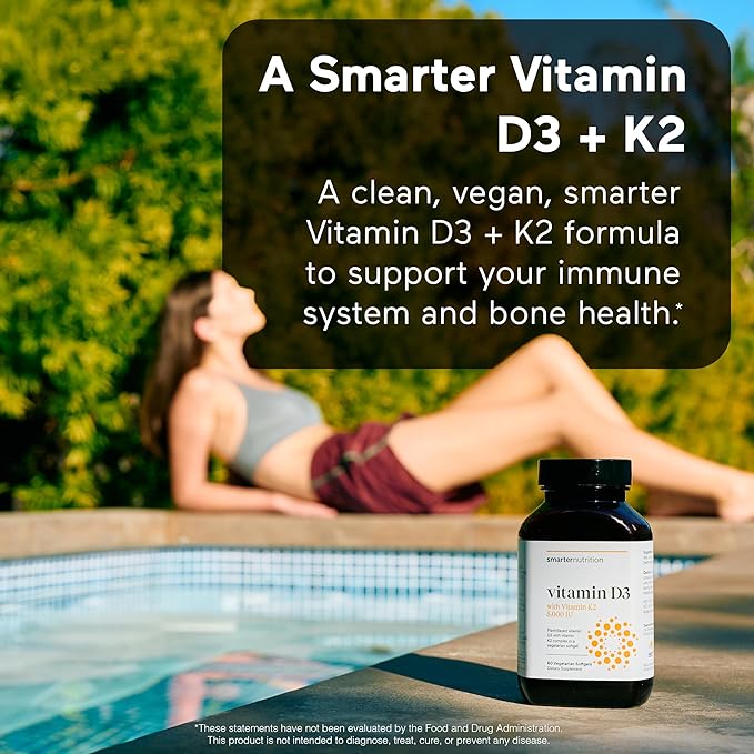 SMARTERNUTRITION Smarter Nutrition Vegan Vitamin D3 5000 IU + Natural Vitamin K2 1100 mcg in Organic Coconut & Olive Oil - D3 K2 Supplement for Immune & Bone Support - 180 Softgels[90 Day Supply]