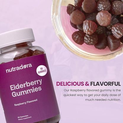 Elderberry Gummies for Adults – Organic Elderberry Gummies with Zinc and Vitamin C for Immune Support, Lessen Stress, & Protect Heart, Raspberry Flavor Formulated in USA, 90 Gummies