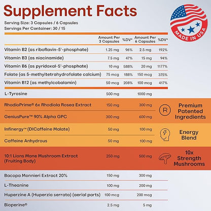 Nootropic Strongest Focus Supplement - Clinically Backed Ingredients Made in USA - Scientifically Backed Doses - Supplement for Brain Fog - AlphaGPC, Lions Mane, Rhodiola and More 10:1 90 Capsules