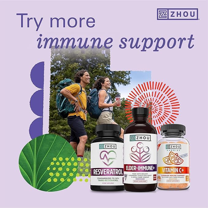 Zhou Elder-Mune Elderberry Gummies - Elderberry Vitamin C and Zinc, Daily Immune Support Supplemenet for Women & Men, Chewable Natural Black Elderberry for Adults & Children 4 & Up - 60 Gummies