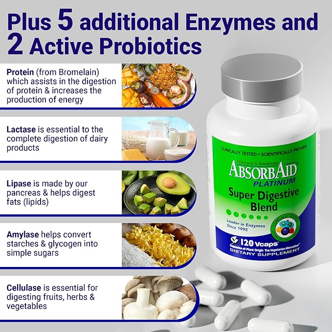 AbsorbAid Platinum Digestive Enzyme Support 120 vCaps, 12 Digestive Enzymes Plus 2 Probiotics for Maximum Relief