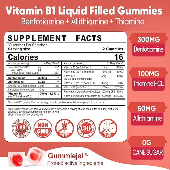 Vitamin B1 Gummies with Benfotiamine 300mg, Allithiamine, Thiamine, Vitamin B Complex & Inositol, Methylated B1, B2, B6 Multivitamins, L-methylfolate, Methyl B12 for Nerve Energy Overall Health,120Cts