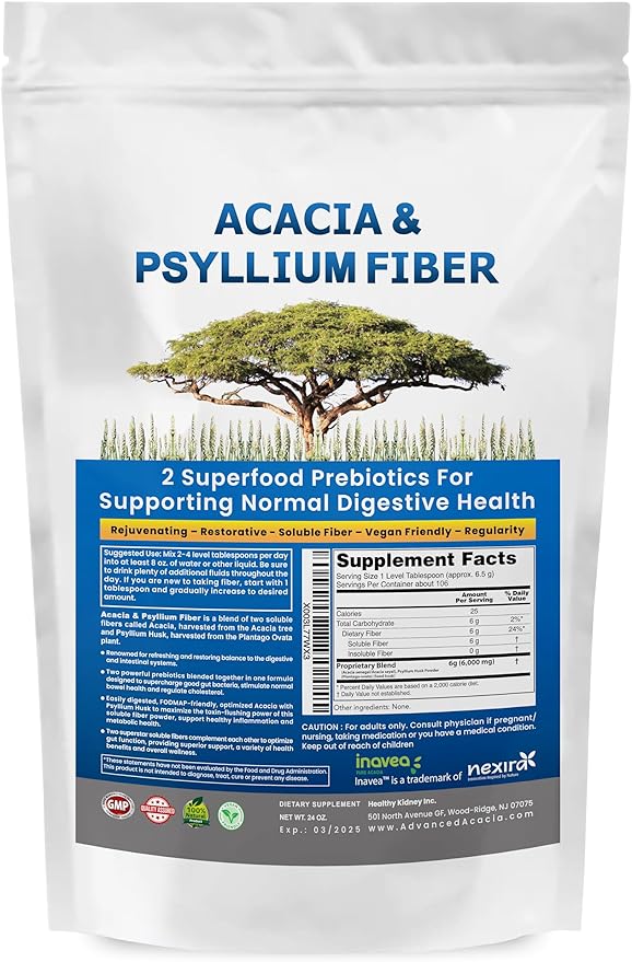 Acacia & Psyllium Husk Fiber Powder 2 Organic Soluble Fiber Digestive Restoring Gut Nutrients. Organic Psyllium Husk & Organic Acacia Powder IBS, Leaky Gut 1.5 Ibs (24oz)