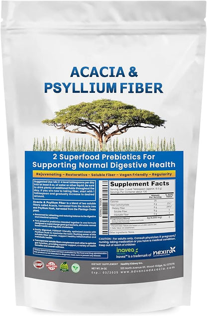 Acacia & Psyllium Husk Fiber Powder 2 Organic Soluble Fiber Digestive Restoring Gut Nutrients. Organic Psyllium Husk & Organic Acacia Powder IBS, Leaky Gut 1.5 Ibs (24oz)