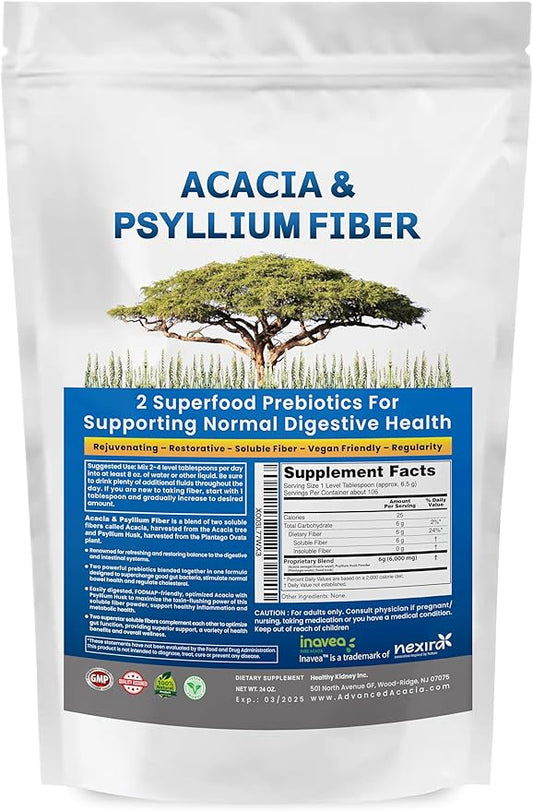 Acacia & Psyllium Husk Fiber Powder 2 Organic Soluble Fiber Digestive Restoring Gut Nutrients. Organic Psyllium Husk & Organic Acacia Powder IBS, Leaky Gut 1.5 Ibs (24oz)