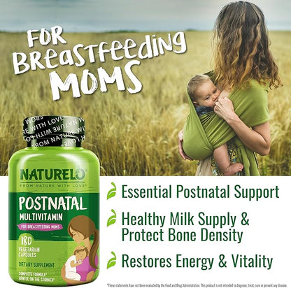 NATURELO Postnatal Multivitamin - Supplement for Breastfeeding Women - Plant-Based Vitamin D, Folate, Gentle Iron - for Nursing Mother, Baby - Post Natal Lactation Support 180 Capsules