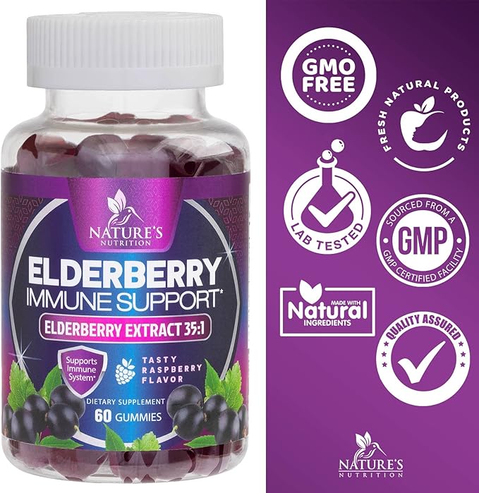 Sambucus Elderberry Immune Gummies - Daily Immune Support for Kids & Adults - Super Concentrated 35:1 Extract, Equivalent to 4200mg of Elderberries, Black Elder Berry Vitamin Supplement - 60 Gummies