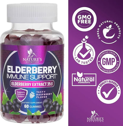 Sambucus Elderberry Immune Gummies - Daily Immune Support for Kids & Adults - Super Concentrated 35:1 Extract, Equivalent to 4200mg of Elderberries, Black Elder Berry Vitamin Supplement - 60 Gummies