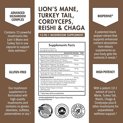 BioSchwartz Mushroom Complex - Organic Lions Mane Supplement Capsule with Reishi, Turkey Tail, Cordyceps, Shiitake, Chaga, Black Pepper for Max Absorption - Supports Energy, Focus, Memory, 90 Count