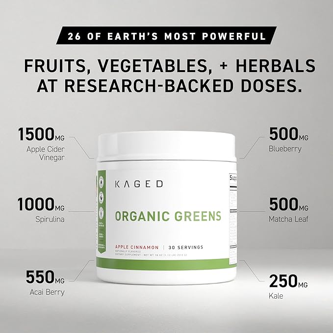 Kaged Organic Greens Superfood Powder, Outlive100 Berry, Supergreens, Apple Cider Vinegar, Ashwagandha, 30 Servings