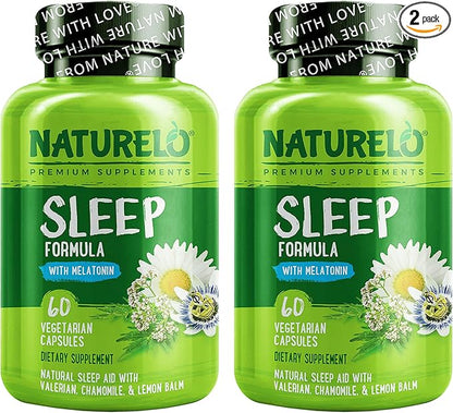 NATURELO Sleep Aid - with Melatonin, Magnesium, GABA, Valerian Root, Lemon Balm, Chamomile Herbal Extracts - Plant-Based Sleeping Aid - 60 Vegan Capsules (Pack of 2)