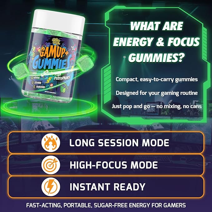 Energy and Focus Gummies - Natural Caffeine Nootropics Supplement - Brain, Eye, and Bone Complex - Sugar-Free Peppermint - for Gamers, Workers, and Active Lifestyles - 60 Gummies