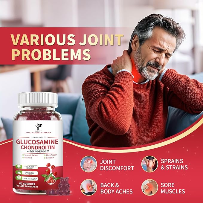 2 Pack Glucosamine Chondroitin Gummies, Glucosamine 1000mg, Chondroitin 750mg with MSM, Turmeric, Quercetin, Vitamin E, Calcium - Joint Health Support Supplement for Men & Women, Raspberry