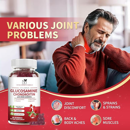 2 Pack Glucosamine Chondroitin Gummies, Glucosamine 1000mg, Chondroitin 750mg with MSM, Turmeric, Quercetin, Vitamin E, Calcium - Joint Health Support Supplement for Men & Women, Raspberry