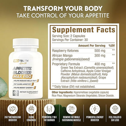 Appetite Blocker Max Pro - GLP-1 Supplement Weight Loss Pills for Women & Fat Burner for Men to Shred Fat + Appetite Suppressant | 7 Research Backed Ingredients for Diet, Boosting Metabolism - 60 Caps