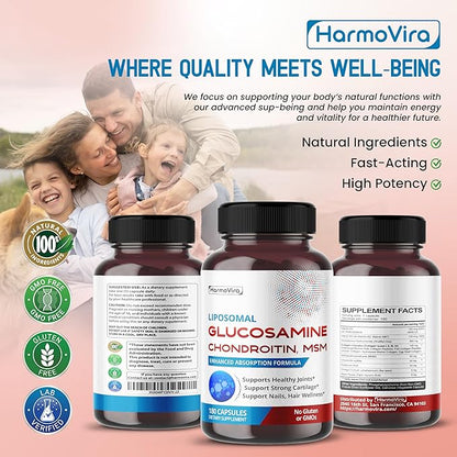 Liposomal GLUCOSAMINE CHONDROITIN, MSM - Support Healthy Joints, Strong Cartilage, Nails, Hair - 180 Days Supply - Made in The USA