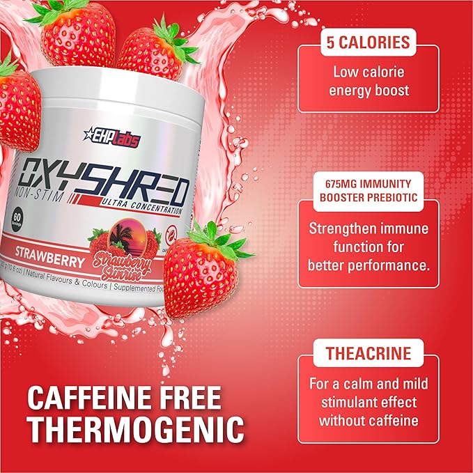 EHP Labs OxyShred Non Stimulant Pre Workout Powder - Stim Free, Caffeine Free Preworkout for Men & Women - Non Stim Preworkout - Sugar Free Energy Powder - Strawberry, 60 Servings