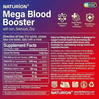 Mega Blood Booster - Dietary Supplement for White and Red Blood Cell Support with Iron, Selenium, Zinc, Vitamin B12 & Folic Acid - 90 Tablets, 90 Day Supply