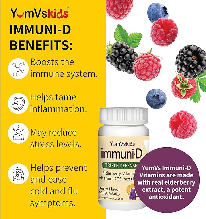 ImmuniD Elderberry Gummies for Kids by YumVs | Immune Support, Vitamin C & Vitamin D | Complete Immune System Support | Natural Berry Flavor Chewables-60 Count | Vitamin C and D for Kids