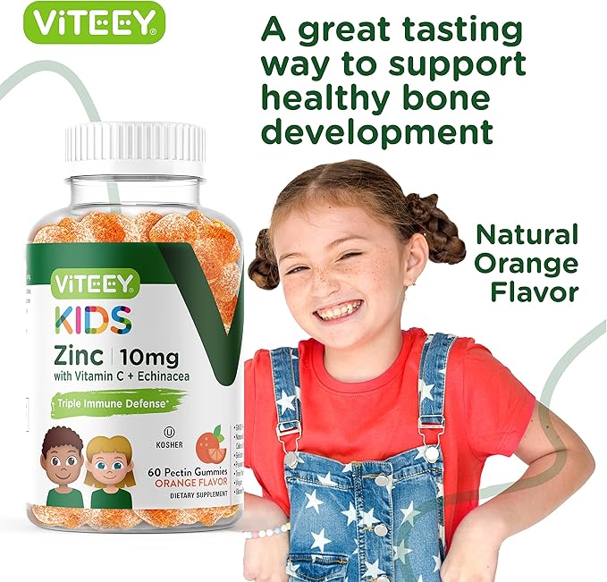 Zinc for Kids Gummies 10mg, with Vitamin C & Echinacea - Immune Support, Powerful Natural Antioxidant, Kids Zinc Vitamin Supplement - Vegan, Gelatin Free - Tasty Chewable Orange Flavor Gummy