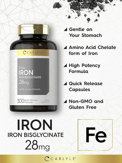 Carlyle Easy Iron Supplement for Women and Men | 28mg | 300 Capsules | as Ferrous Bisglycinate | Non-GMO and Gluten Free