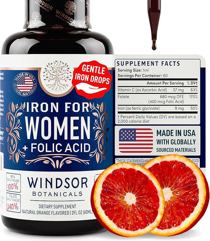 WINDSOR BOTANICALS Liquid Iron Supplements for Anemia - Folic Acid, Vitamin C, Vegan Blood Builder and Anemia Supplement - 2 oz Orange Flavor Gentle Iron Drops for Women
