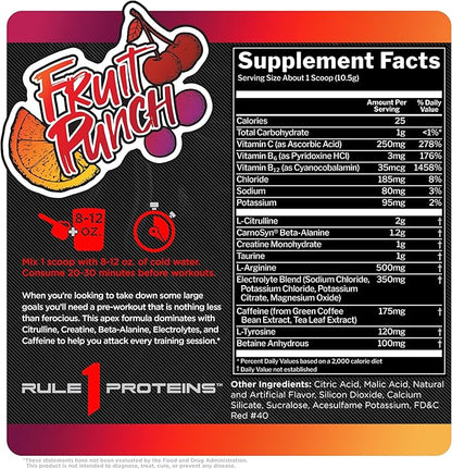 Rule 1 R1 Roar - Pre-Workout Powder with Creatine, Beta-Alanine, Citrulline, Electrolytes & Caffeine (30 Servings, Fruit Punch)