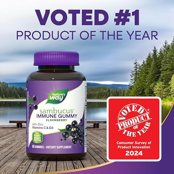 Nature’s Way Sambucus Elderberry Immune Gummies, Daily Immune Support for Kids and Adults*, with Vitamin C, Vitamin D3, Zinc, Gluten Free, Vegetarian, 60 Gummies (Packaging May Vary)