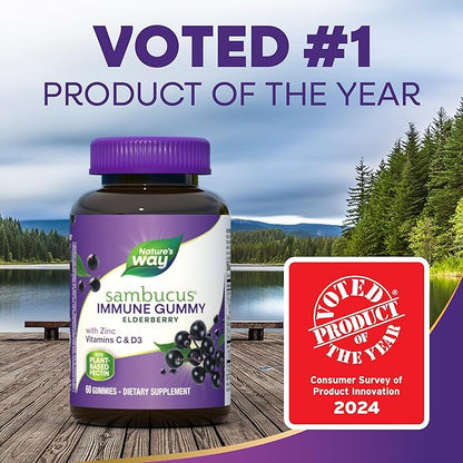 Nature’s Way Sambucus Elderberry Immune Gummies, Daily Immune Support for Kids and Adults*, with Vitamin C, Vitamin D3, Zinc, Gluten Free, Vegetarian, 60 Gummies (Packaging May Vary)