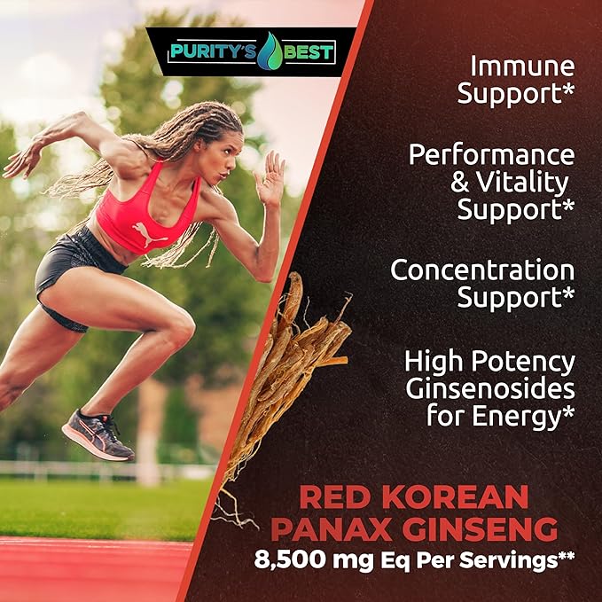 Purity’s Best RED Korean PANAX Ginseng Powder + 4X + 10x + 20x Extract, 8,500mg Eq. Per Serving, 5% Ginsenosides!, High Potency Ginsenosides for Energy, Concentration & Immune Support, 120 Capsules