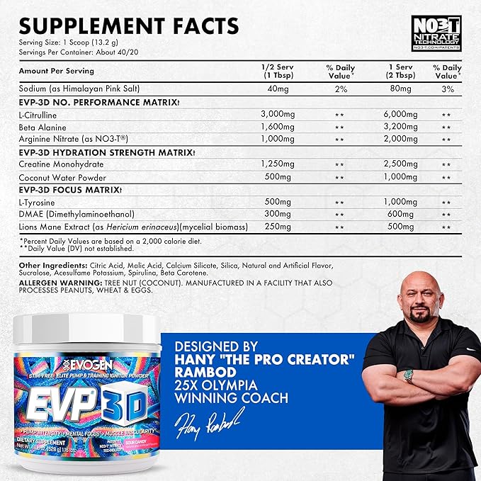 Evogen EVP 3D - Stim Free Pre Workout Powder for Men & Women | Sugar Free Non Stim Preworkout with Beta Alanine and Creatine for Energy & Pump | Sour Candy | 40 Servings