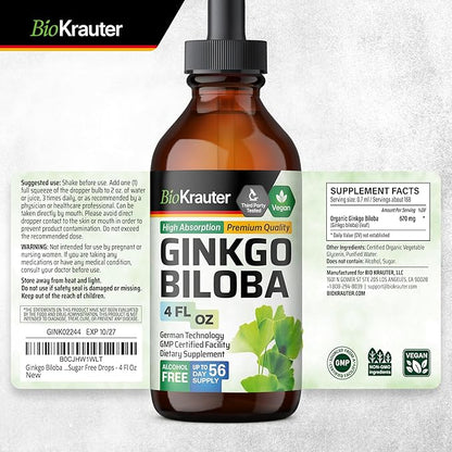 BIO KRAUTER Ginkgo Biloba Extract - Liquid Ginkgo Biloba Supplements for Brain - Vegan, Alcohol & Sugar Free - 4 Fl Oz