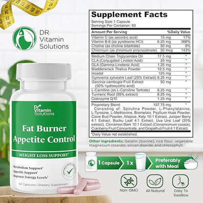 DR VITAMIN SOLUTIONS Fat Burner & Appetite Control Weight Loss Supplements for Women & Men - Metabolism Booster w/L-Carnitine, CLA, Chromium - Appetite Suppressant for Weight Loss - 60 Capsules