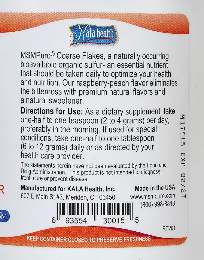 KALA HEALTH MSMPure Raspberry Peach Flavored Coarse MSM Powder Flakes – US-Sourced MSM for Joint Health, Skin Appearance, and Hair & Nail Support – 1 lb, Organic Sulfur