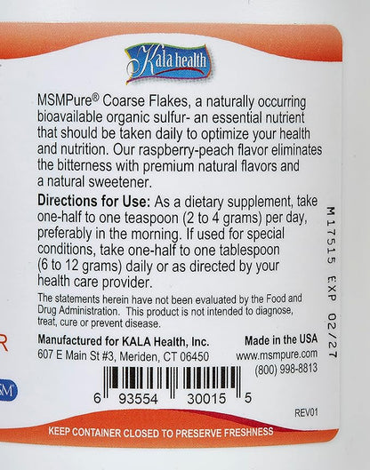 KALA HEALTH MSMPure Raspberry Peach Flavored Coarse MSM Powder Flakes – US-Sourced MSM for Joint Health, Skin Appearance, and Hair & Nail Support – 1 lb, Organic Sulfur
