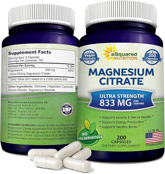 aSquared Nutrition Magnesium Citrate 833mg Supplement - 200 Capsules - Max Strength Vegan Mag Citrate Powder Pills to Support Pure Function of Muscles, Heart & Bones - Helps Increase Energy
